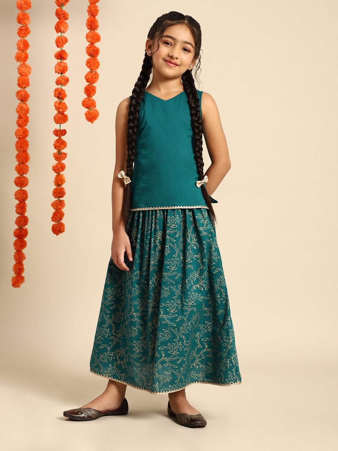 House of Pataudi Girls Green Pure Cotton Ready to Wear Lehenga Choli