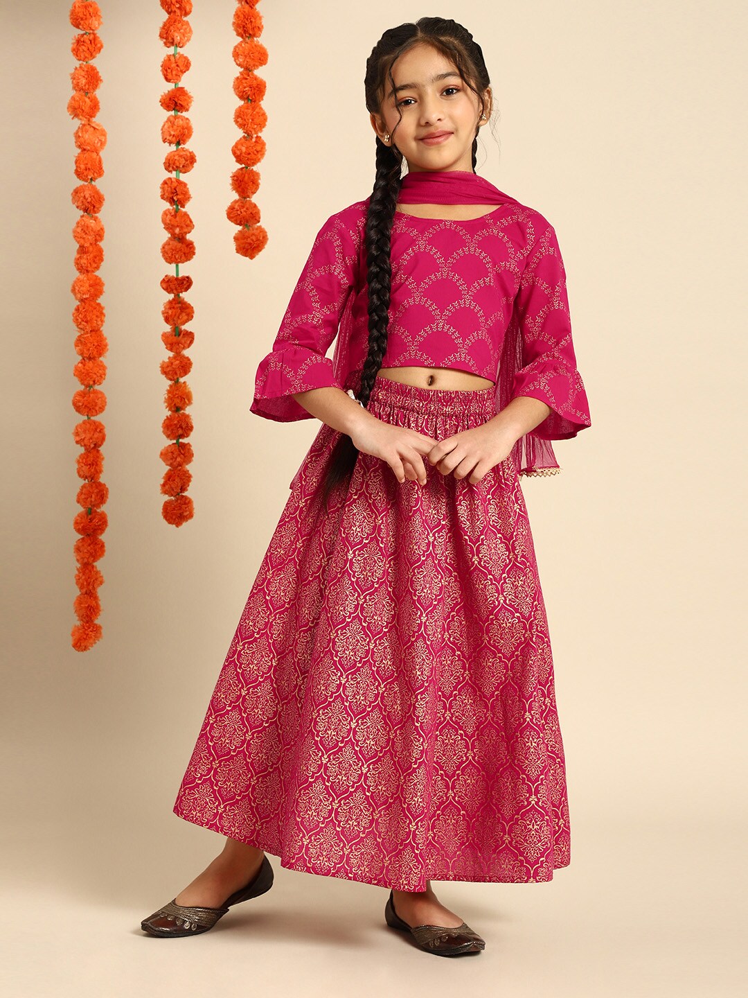 House of Pataudi Girls Magenta Pure Cotton Printed Ready to Wear Lehenga, Blouse & Dupatta Price in India