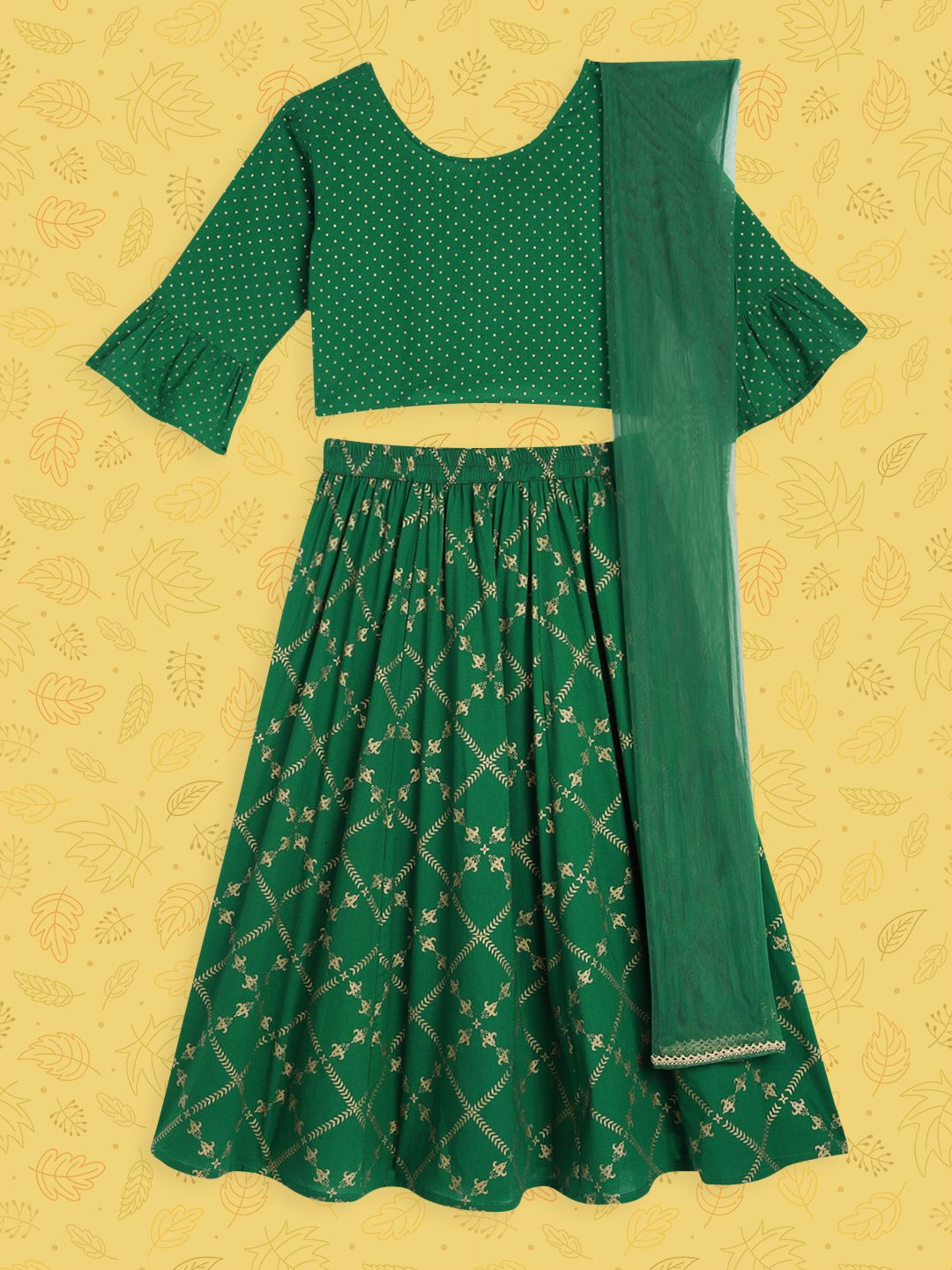 House of Pataudi Girls Green Pure Cotton Printed Ready to Wear Lehenga, Blouse & Dupatta