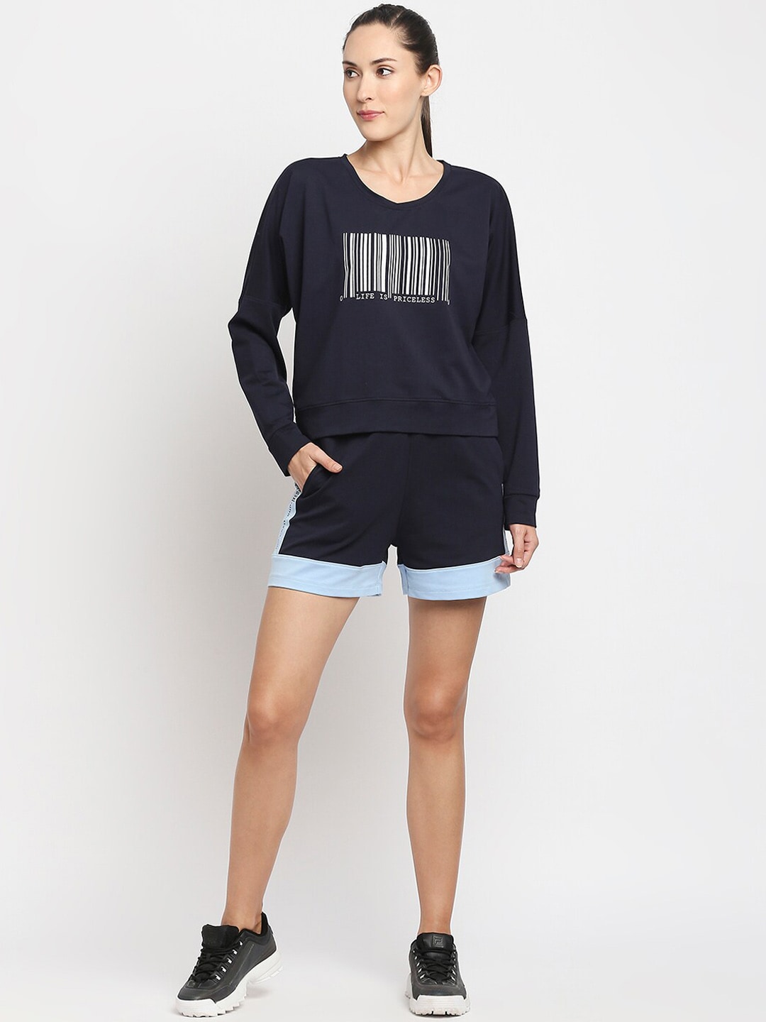 Tuna London Women Navy Blue Printed Sweat Shirt With Shorts Price in India
