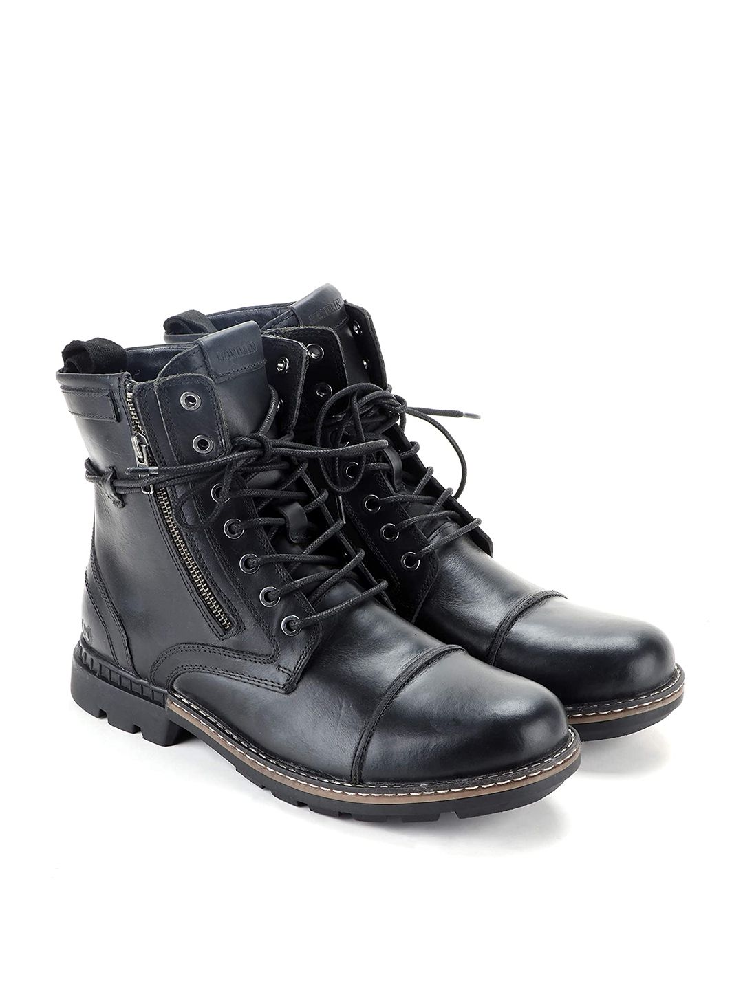 Buy MONDAIN Men Black Leather Lace-up Boots With Zip - Boots for