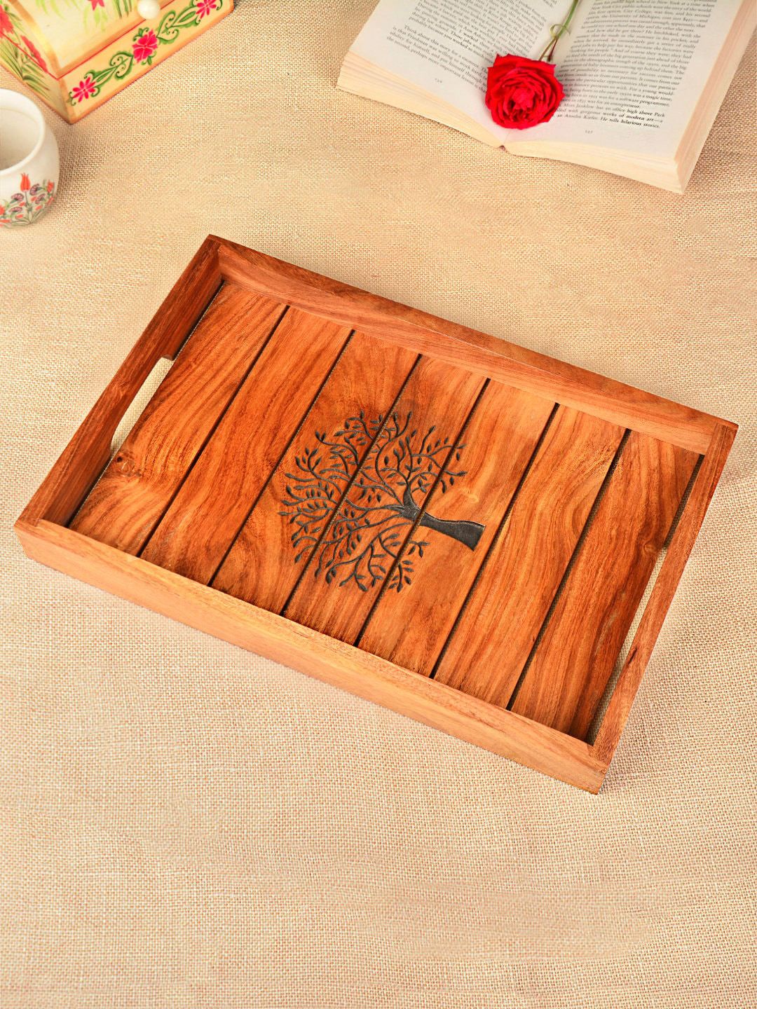 StyleMyWay Brown Self Design Engraved Sheesham Wooden Rectangular Tray Price in India