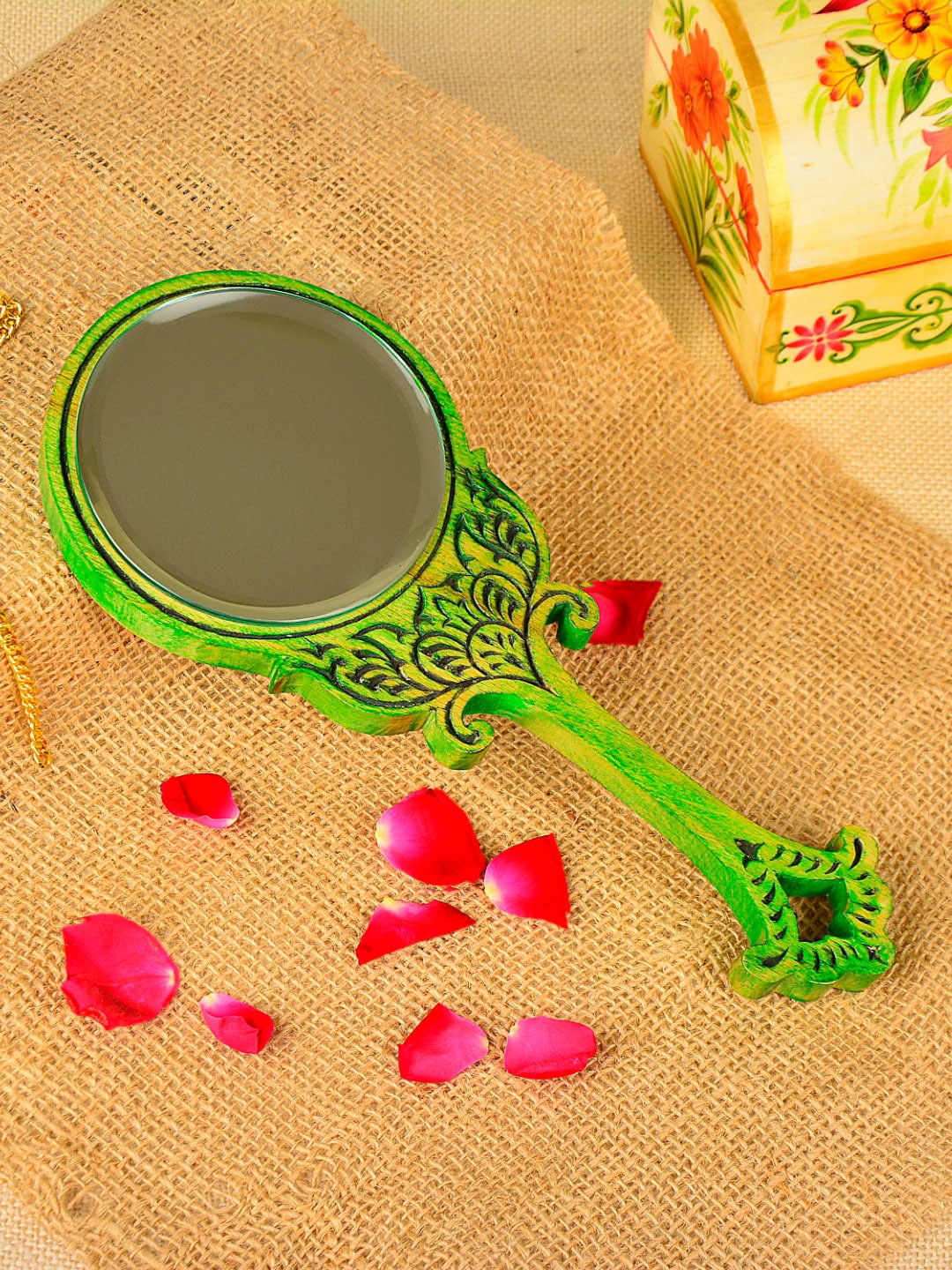 StyleMyWay Green Hand Carved Sheesham Wooden Makeup Mirror Price in India