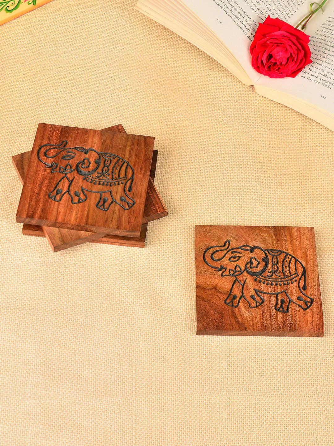 StyleMyWay Set of 4 Brown Engraved Sheesham Wooden Coasters Price in India