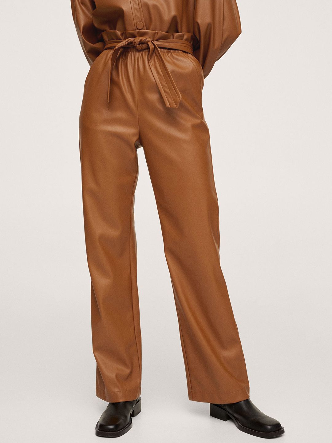 MANGO Women Brown Solid Straight Fit Coated Trousers Price in India