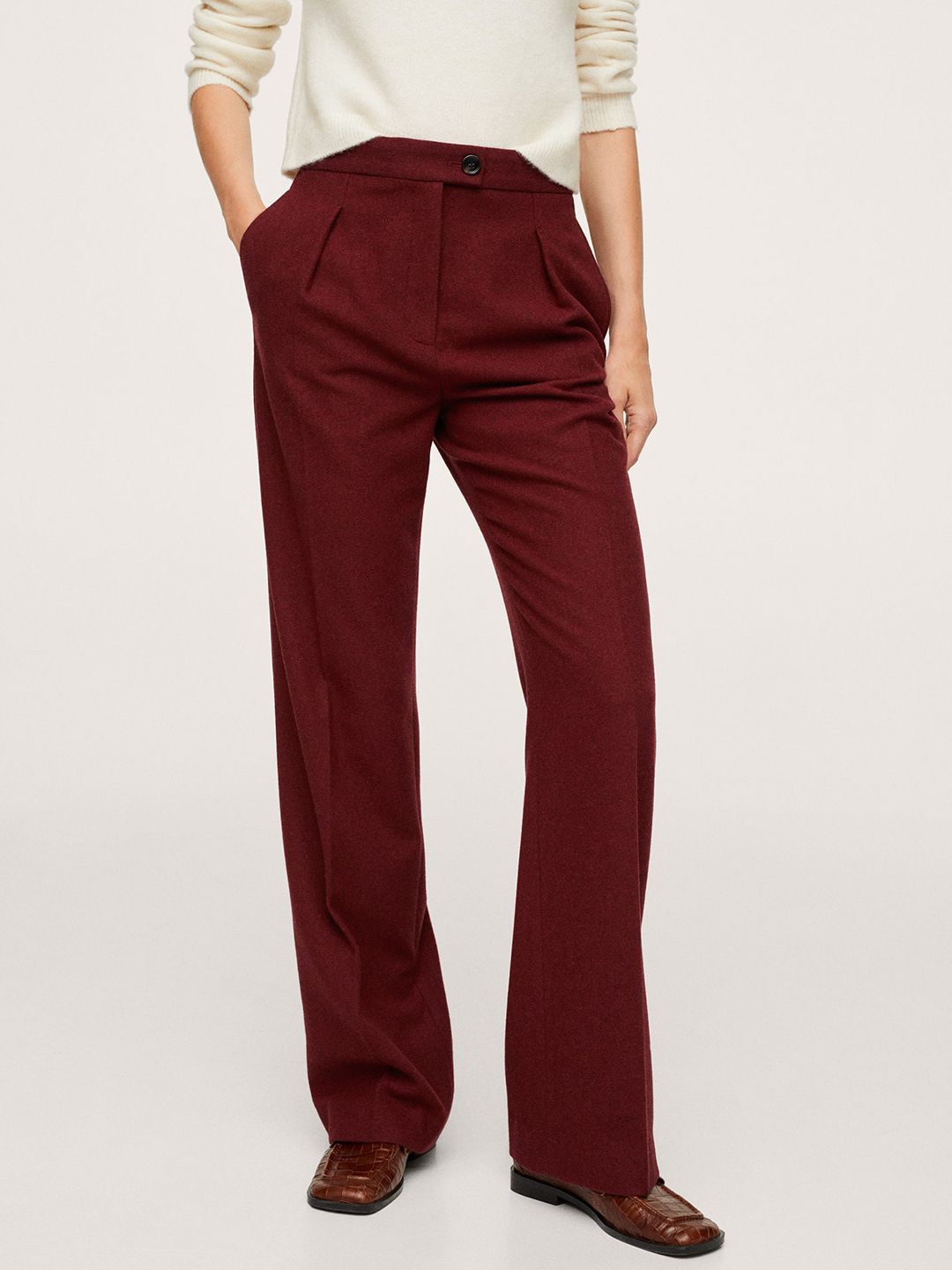 MANGO Women Maroon Solid Straight Fit Trousers Price in India