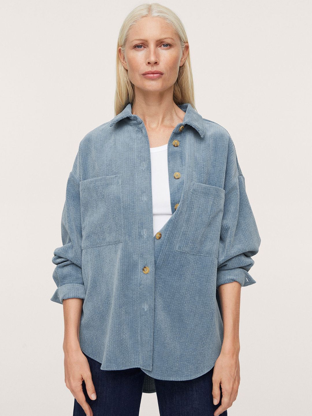 MANGO Women Blue Solid Corduroy Shacket Price in India