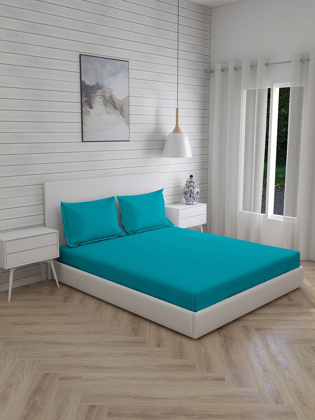 Layers Blue Solid 144 TC Double 1 Bedsheet with 2 Pillow Covers Price in India