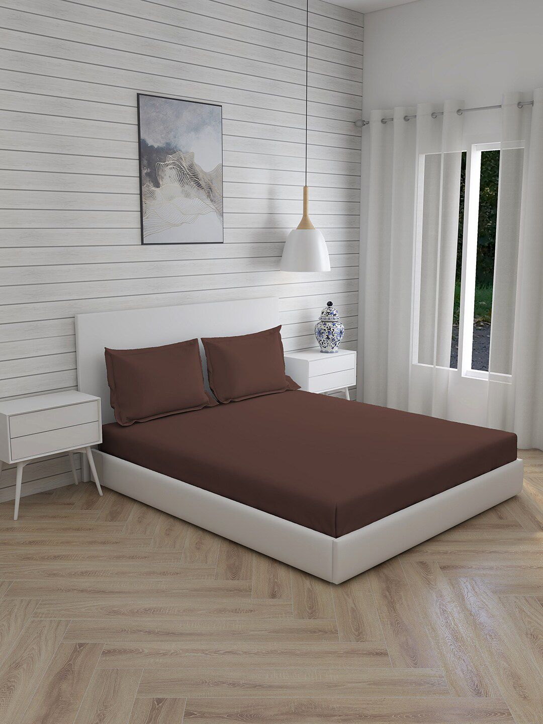 Layers Brown Solid 144 TC 1 Double Bedsheet with 2 Pillow Covers Price in India