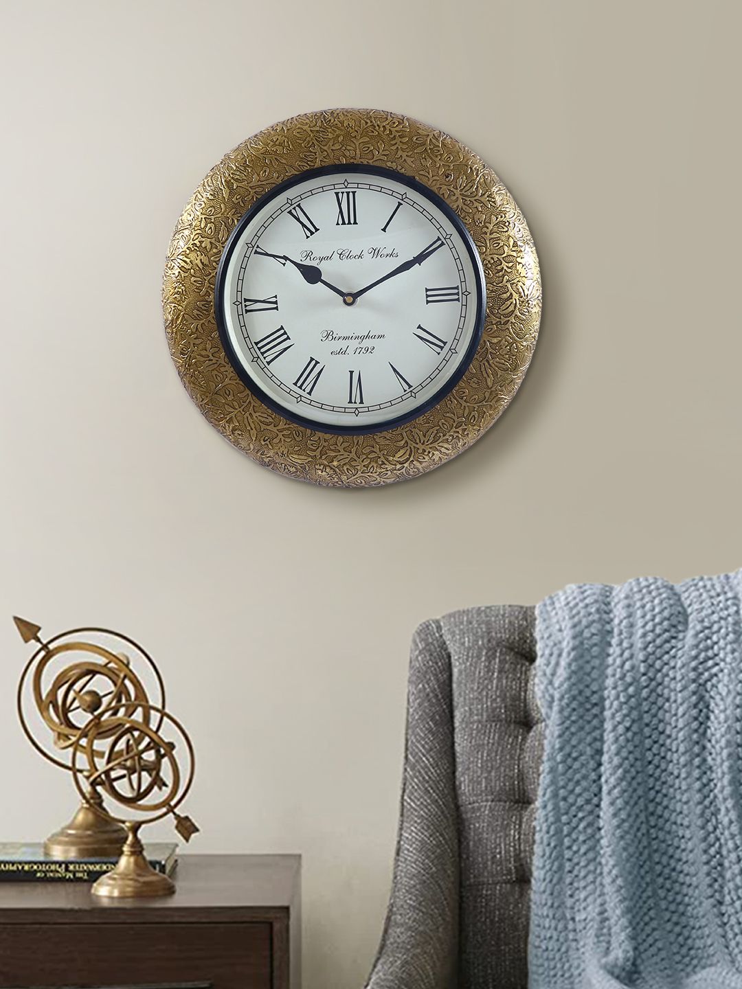Aapno Rajasthan Gold-Toned & White Textured Contemporary Wall Clock Price in India