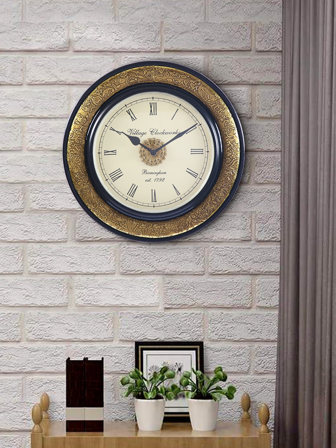 Aapno Rajasthan Gold-Toned & Black Textured Traditional Wall Clock Price in India
