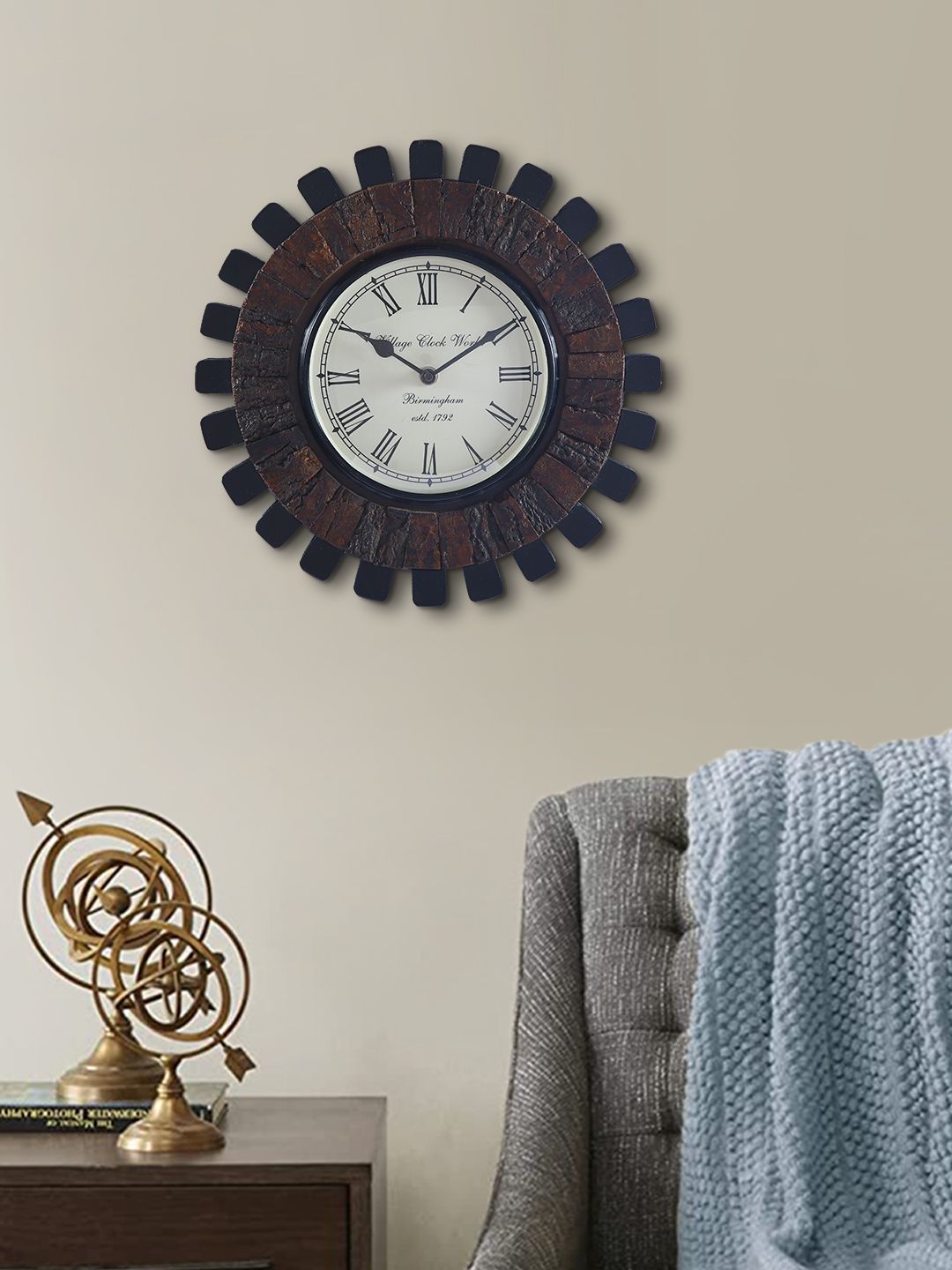 Aapno Rajasthan Navy Blue & Copper-Toned Textured Contemporary Wall Clock Price in India