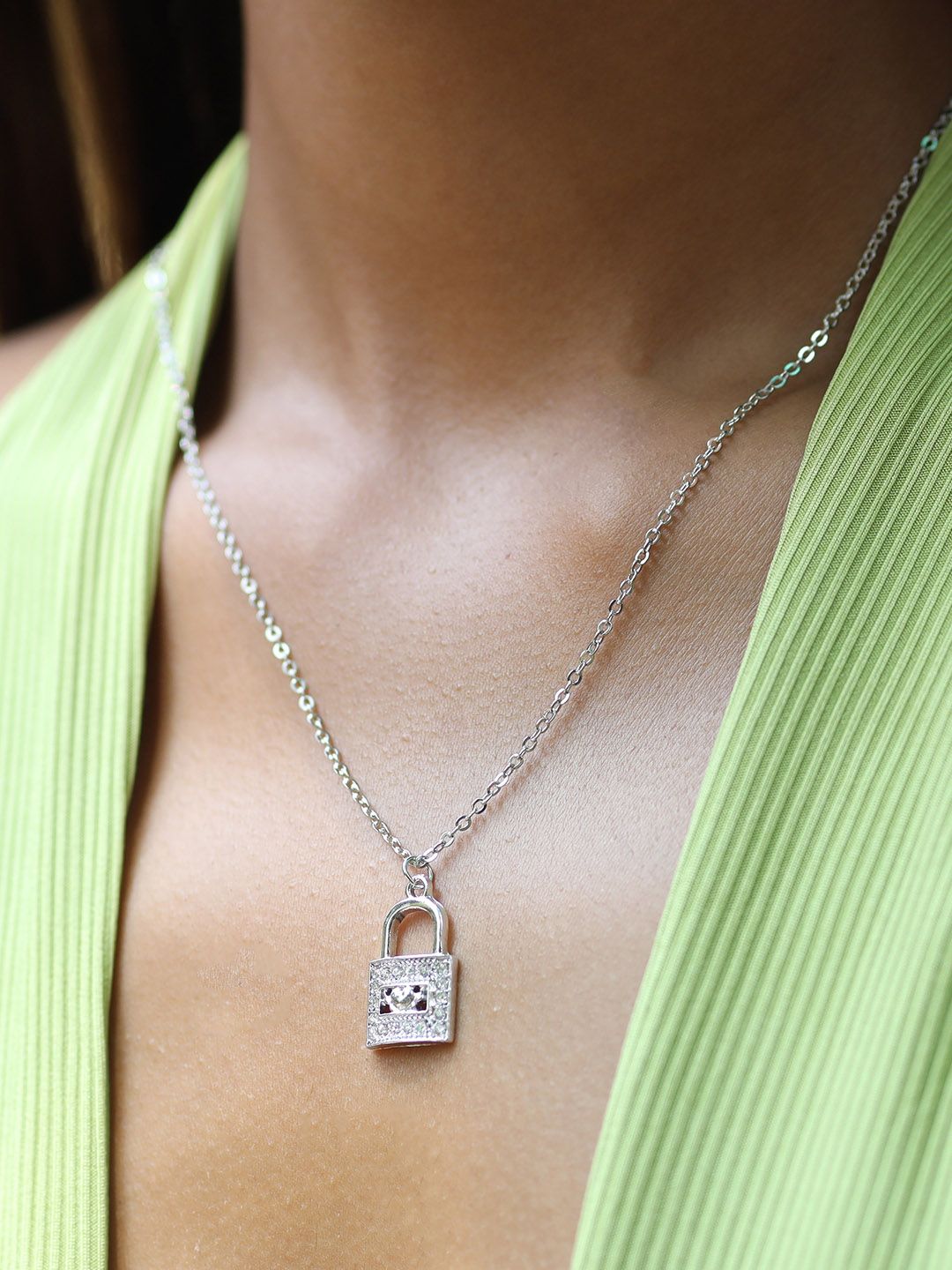 Ayesha Silver-Toned Lock Mini Pendant Necklace Price in India