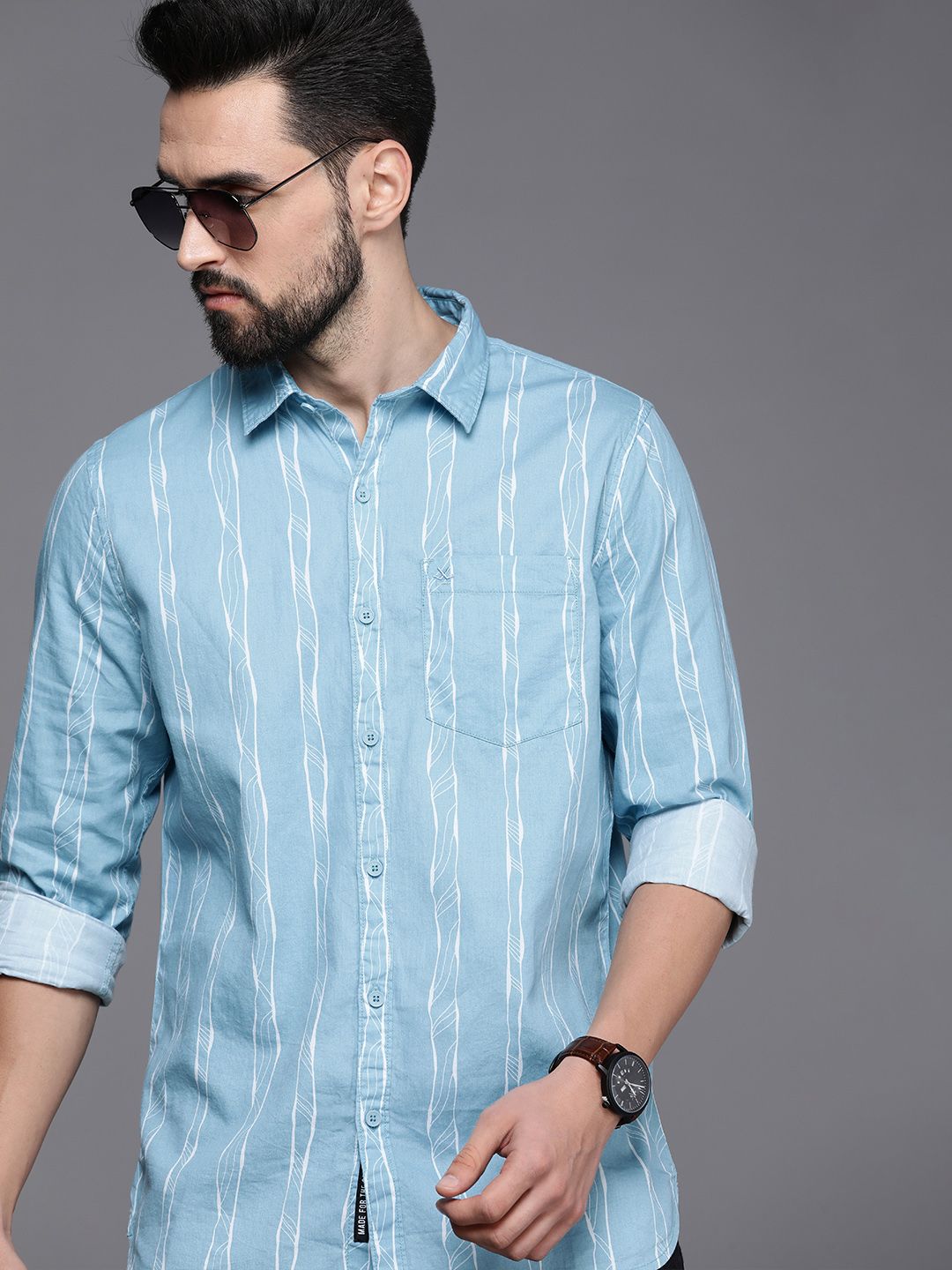WROGN Men Blue and White Slim Fit Striped Cotton Casual Shirt