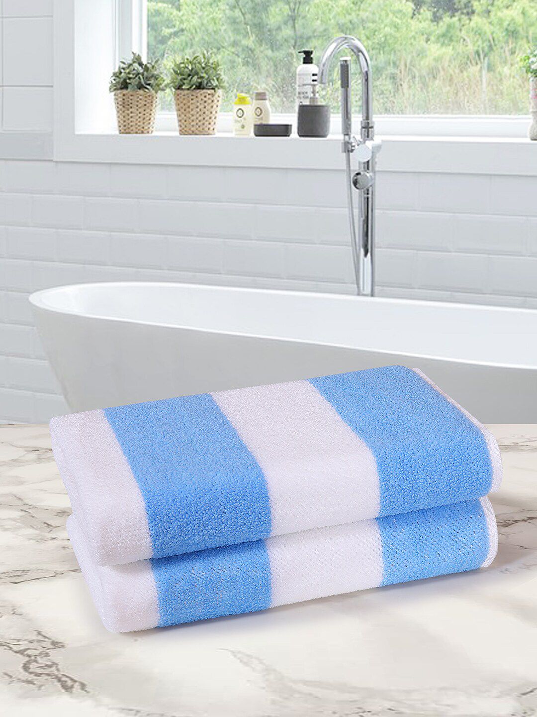 ROMEE Set Of 2 Blue & White Striped 500 GSM Bath Towels Price in India