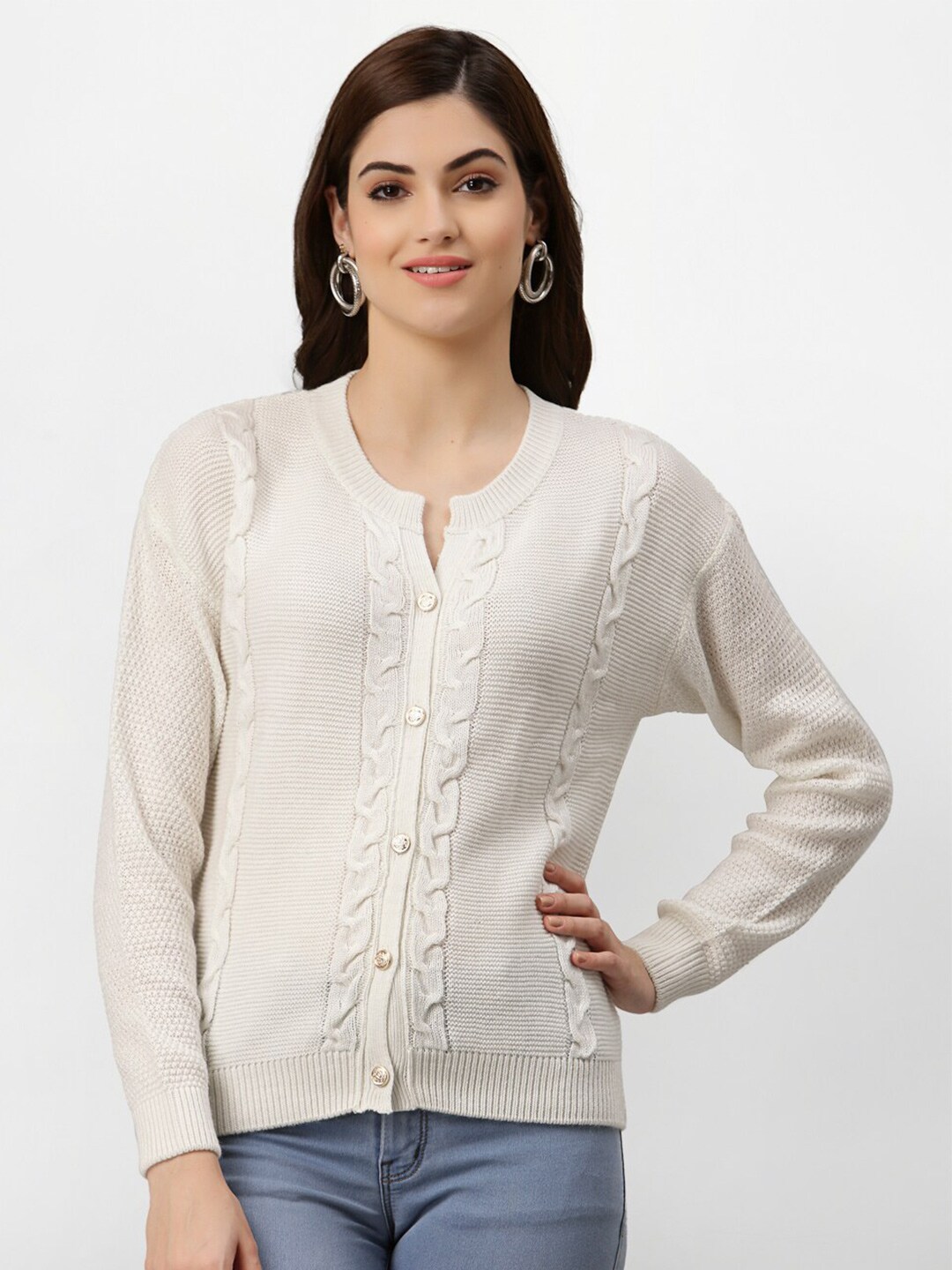 Miramor Women White Self Design Cable Knit Cardigan Sweater Price in India