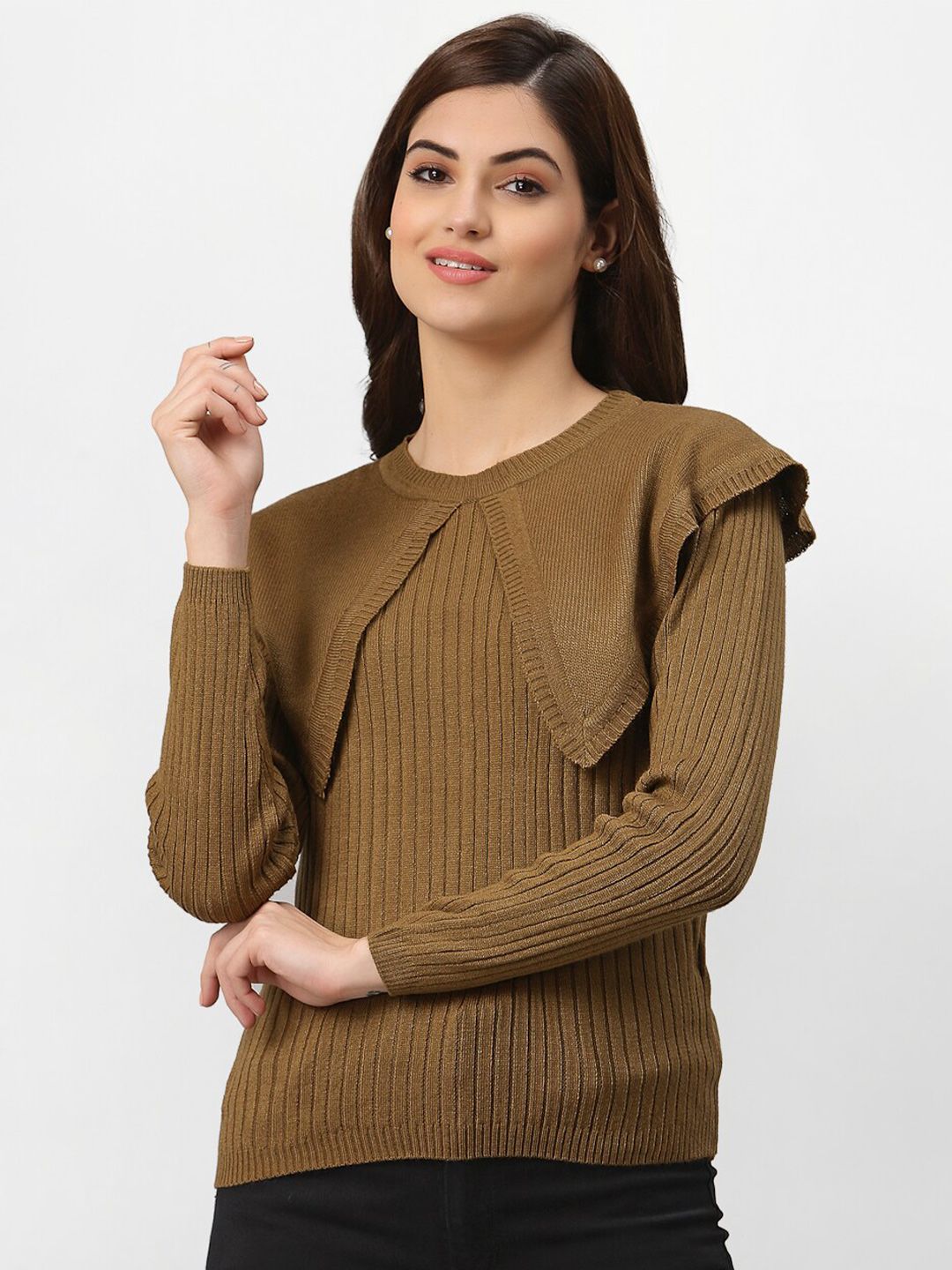 Miramor Women Brown Striped Flared Pullover Price in India