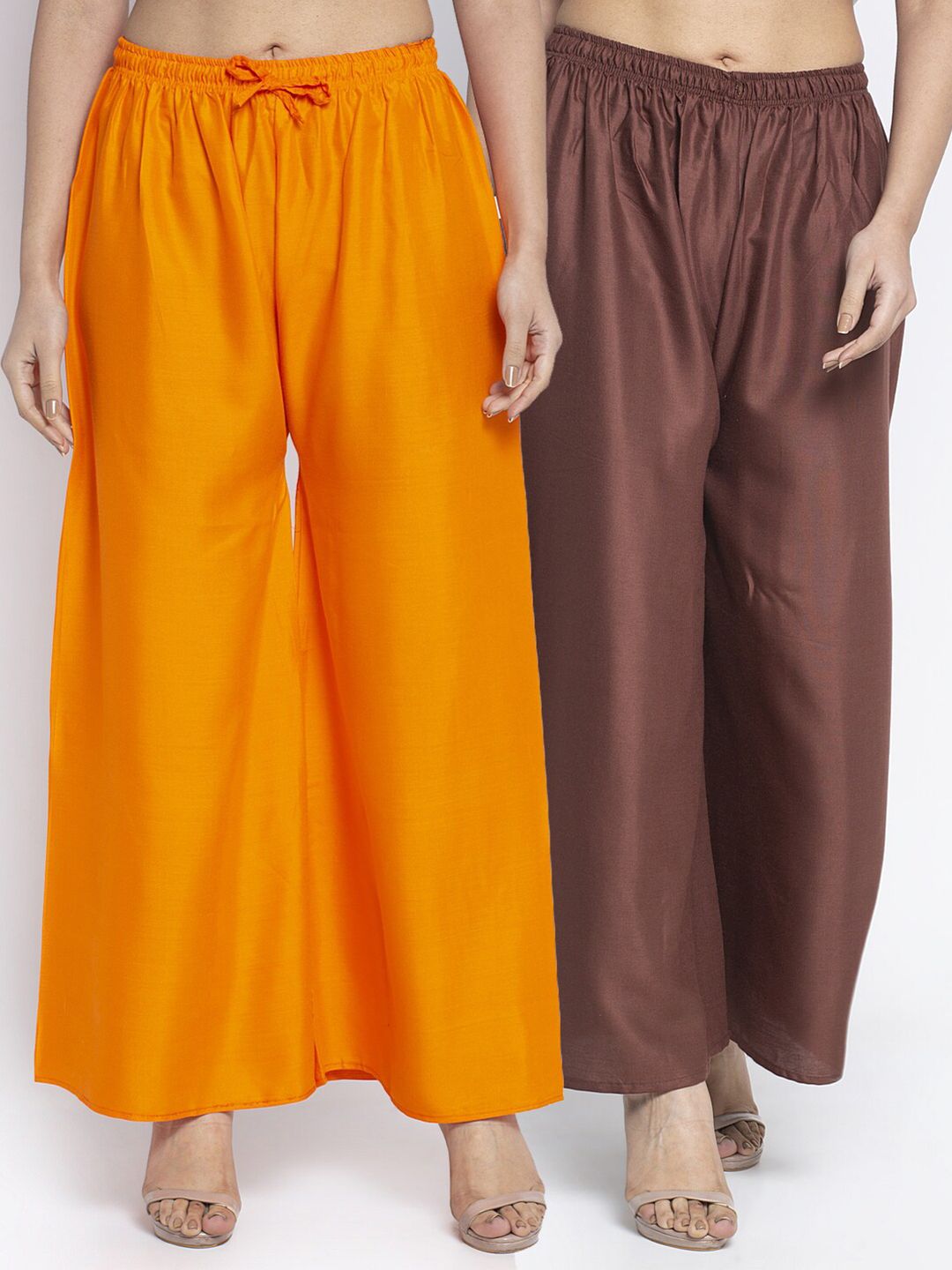 Jinfo Women Orange & Brown Set Of 2 Solid Wide Leg Fit Palazzo Price in India