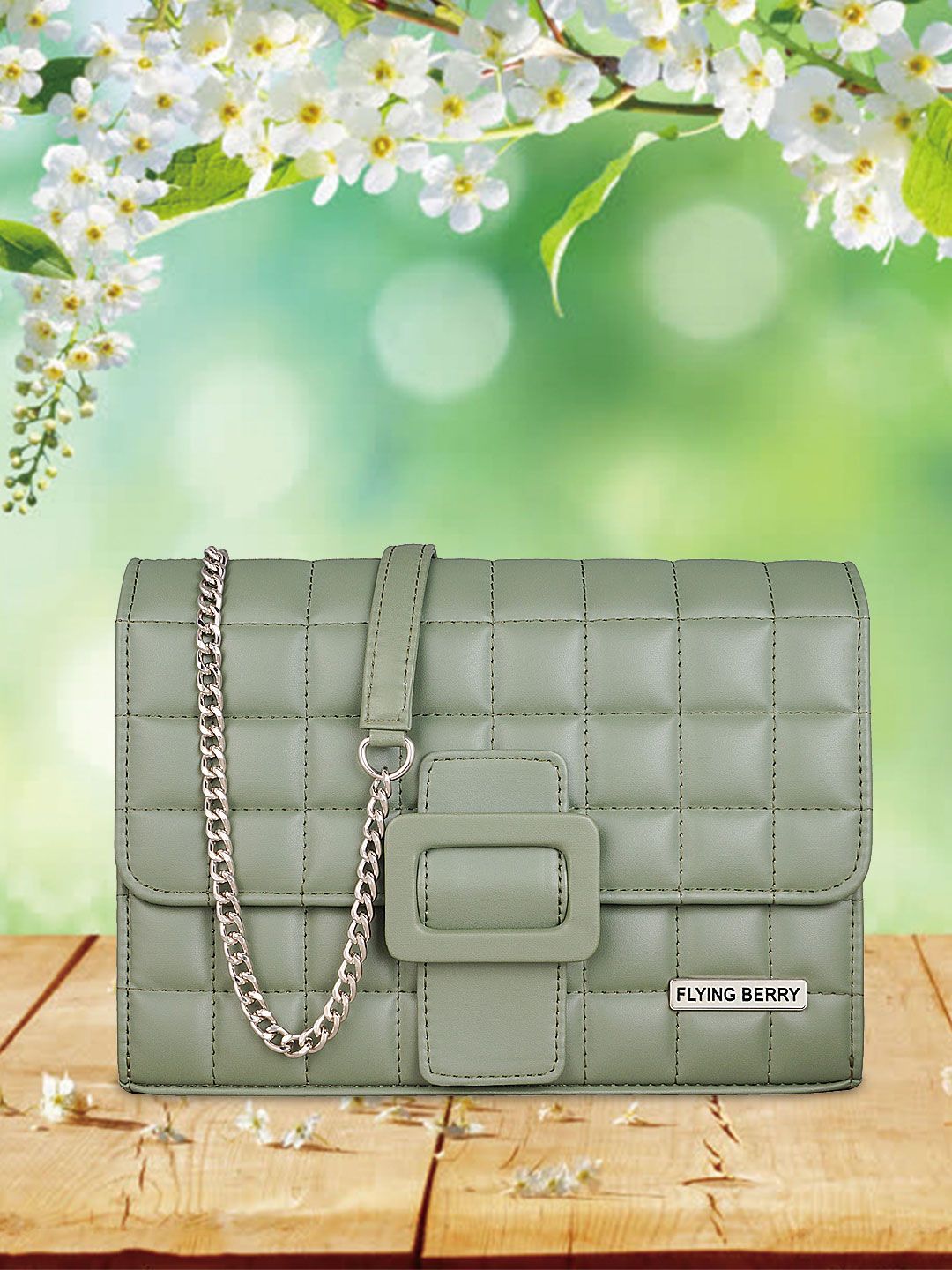 FLYING BERRY Olive Green Quilted Structured Sling Bag Price in India