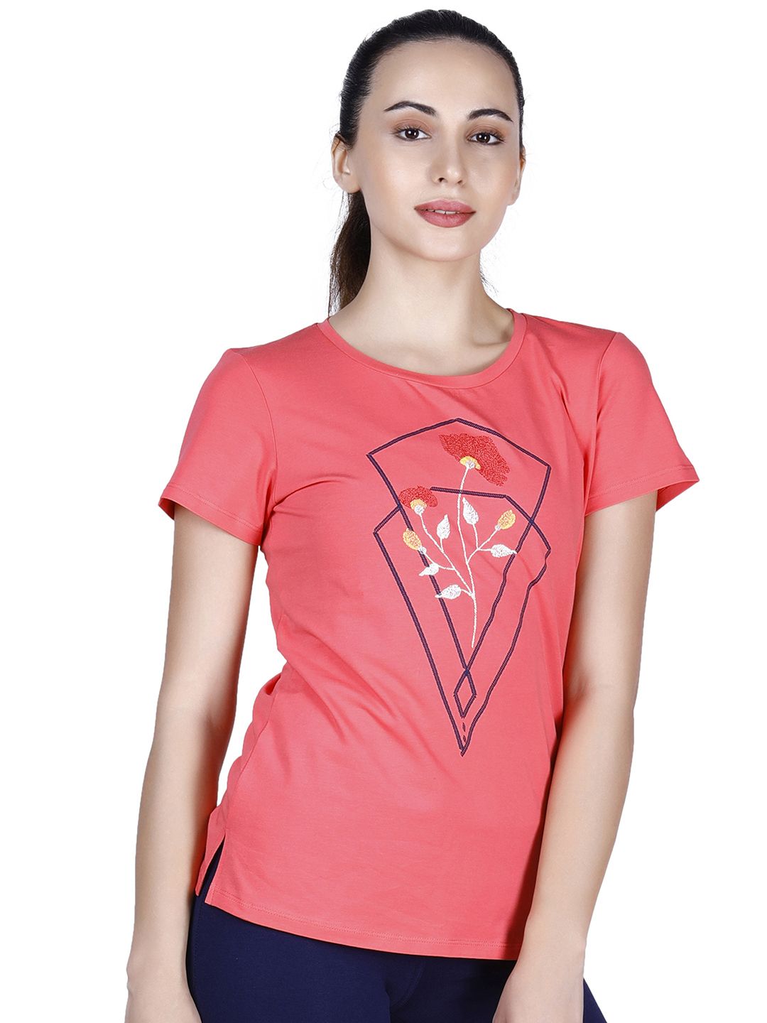 LAASA SPORTS Women Red & Blue Printed Cotton Training or Gym T-shirt Price in India
