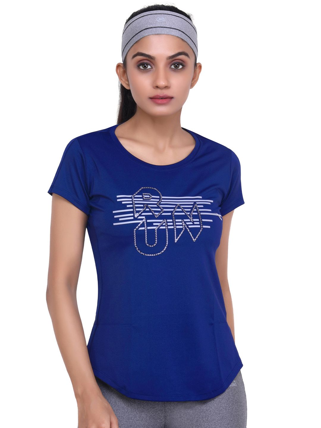 LAASA SPORTS Women Blue & White Typography Printed Training or Gym T-shirt Price in India