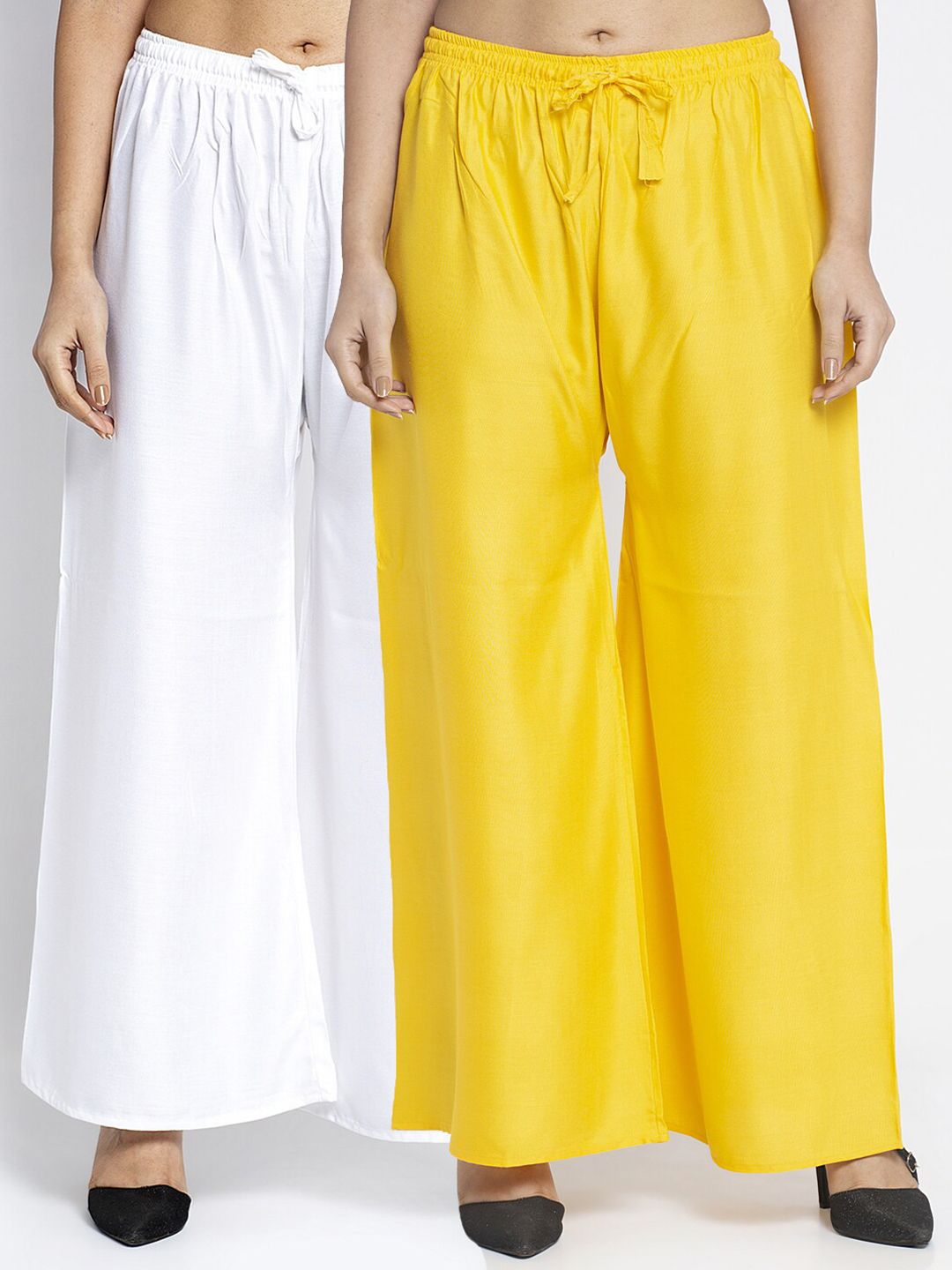 Jinfo Set Of 2 Women White & Yellow Flared Ethnic Palazzos Price in India