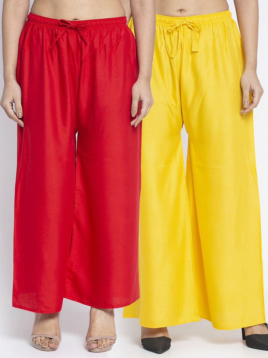 Jinfo Women Pack of 2 Red & Yellow Flared Knitted Ethnic Palazzos Price in India