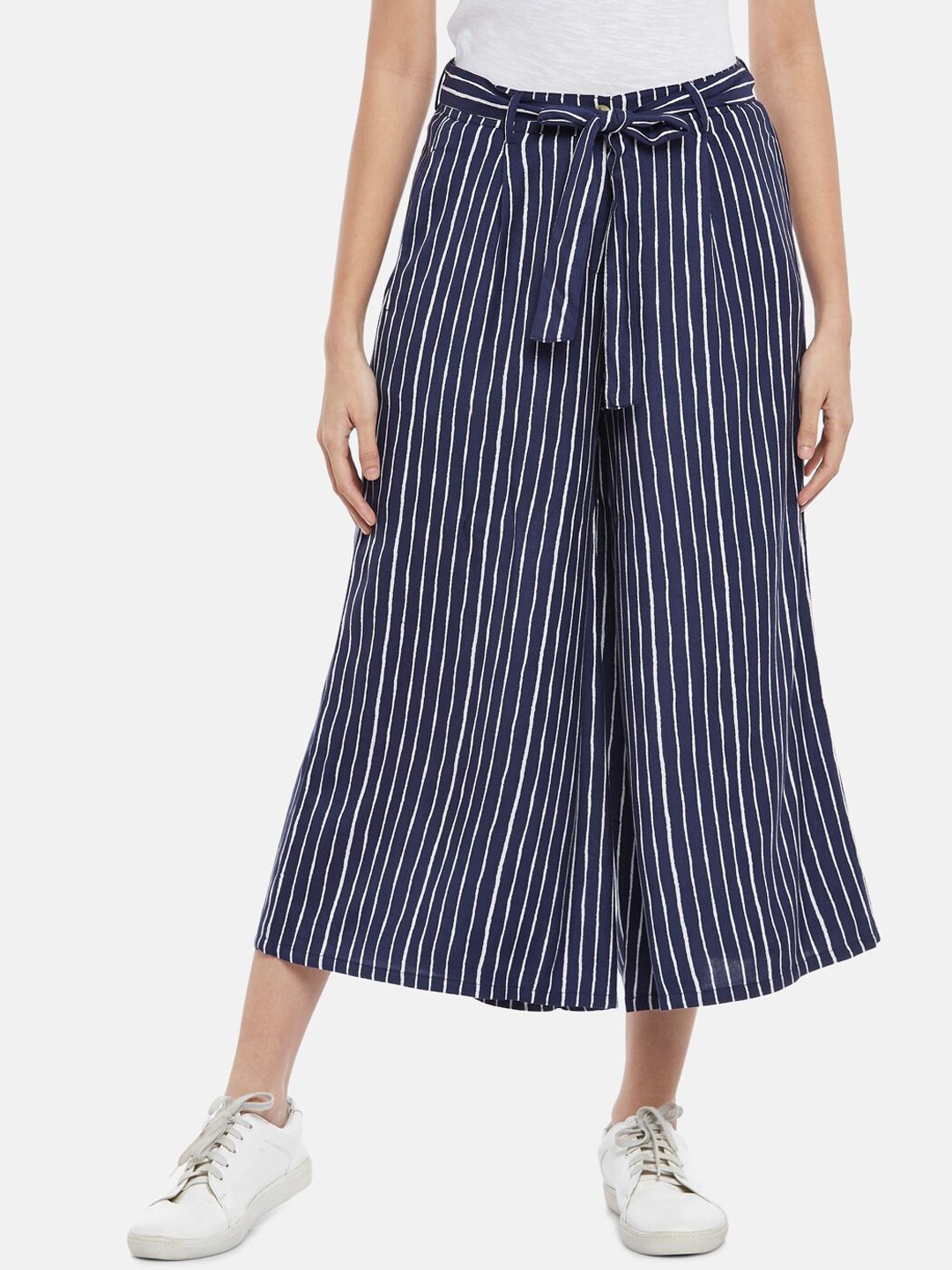 People Women Navy Blue & White Striped Pleated Cropped Culottes Trousers Price in India