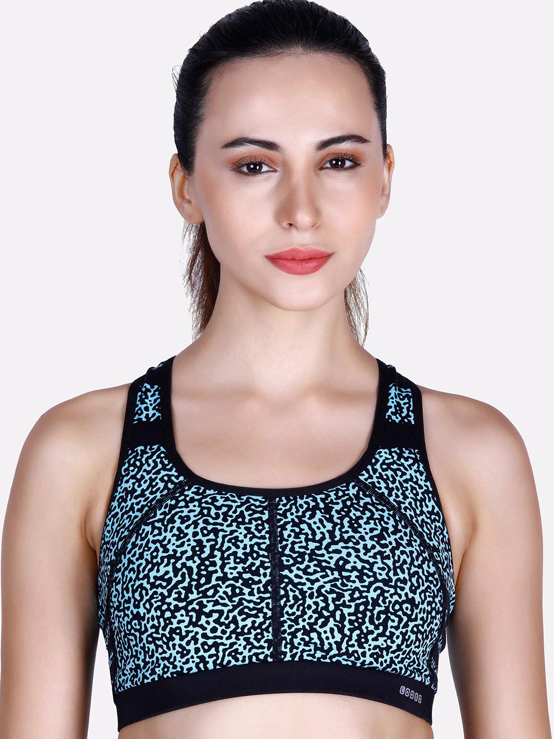LAASA SPORTS Black & Blue Animal Printed Dry Fit Workout Bra Price in India