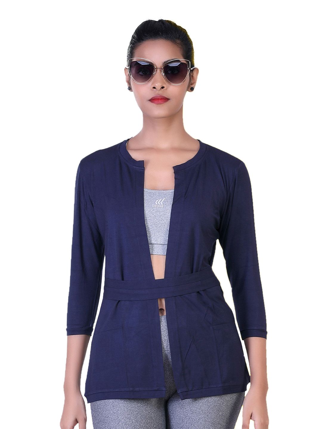 LAASA SPORTS Women Navy Blue Open Front Shrug Price in India