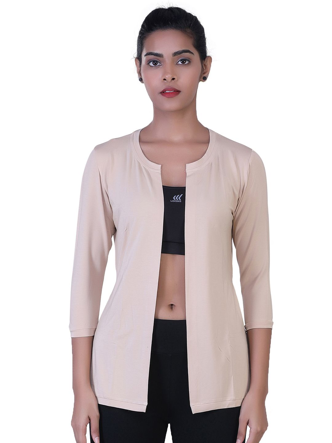 LAASA SPORTS Women Beige Longline Open Front Shrug Price in India