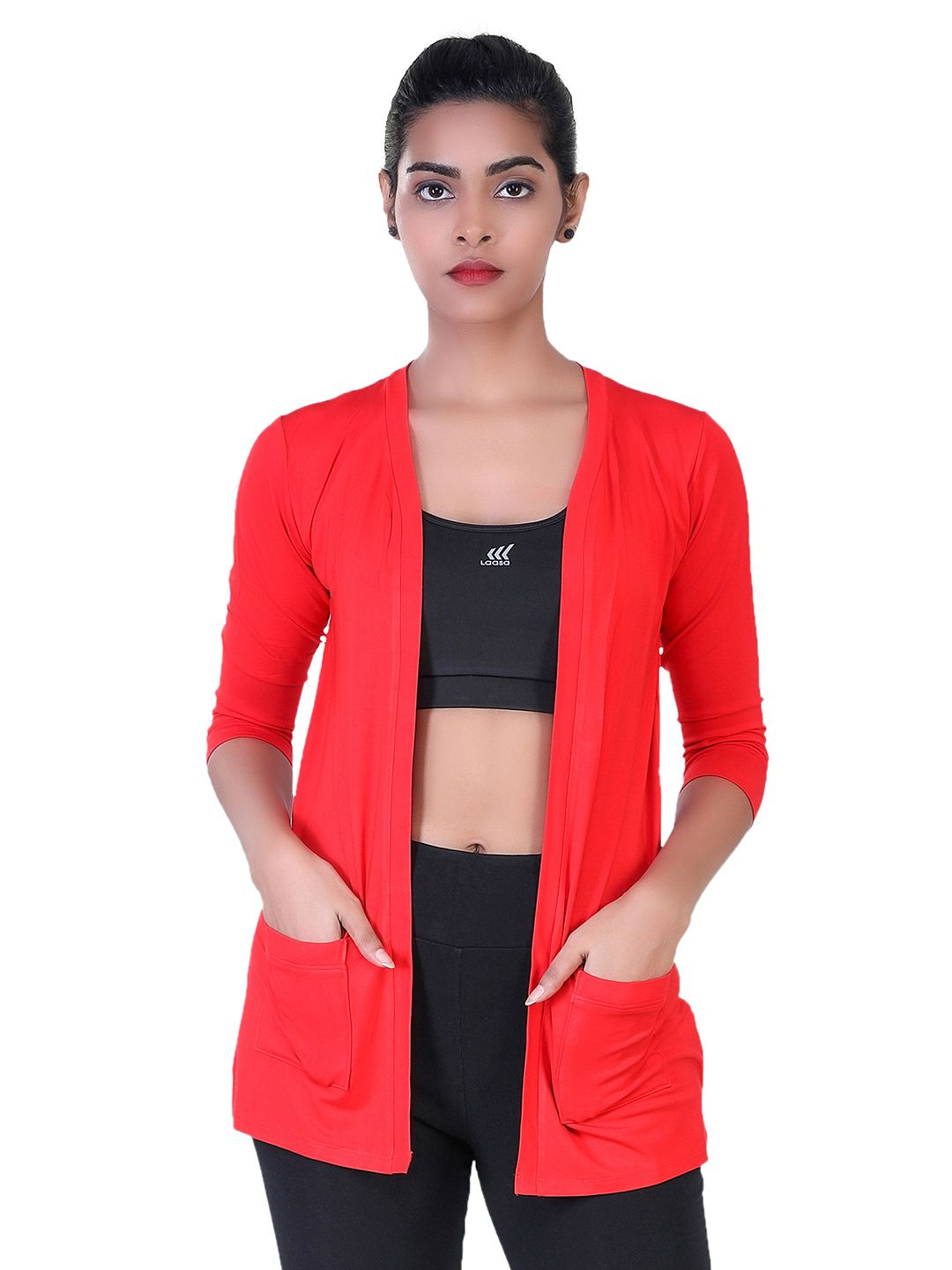 LAASA SPORTS Women Red Longline Shrug with Insert Pockets Price in India