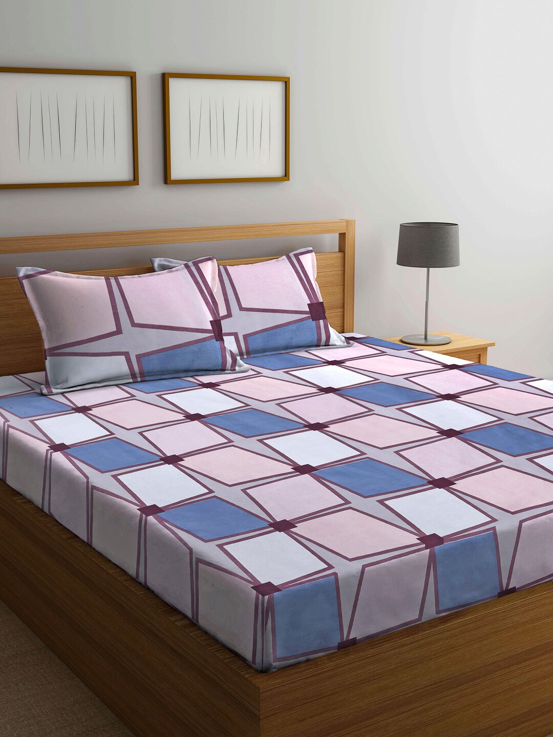 Arrabi Blue & Pink Geometric Printed 300 TC Super King Bedsheet with 2 Pillow Covers Price in India