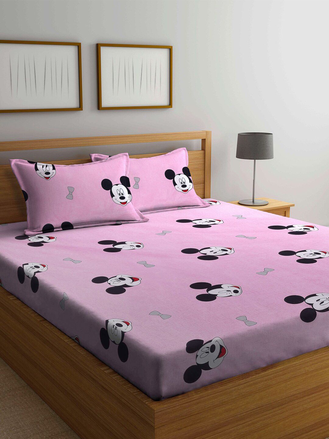 Arrabi Pink & Black Mickey Mouse 300 TC King Bedsheet with 2 Pillow Covers Price in India