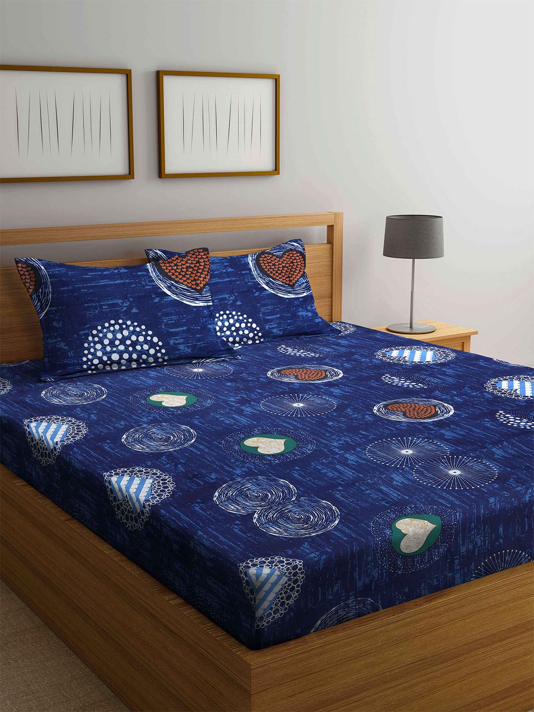 Arrabi Blue Graphic Printed 300 TC Cotton Blend King Bedsheet with 2 Pillow Covers Price in India