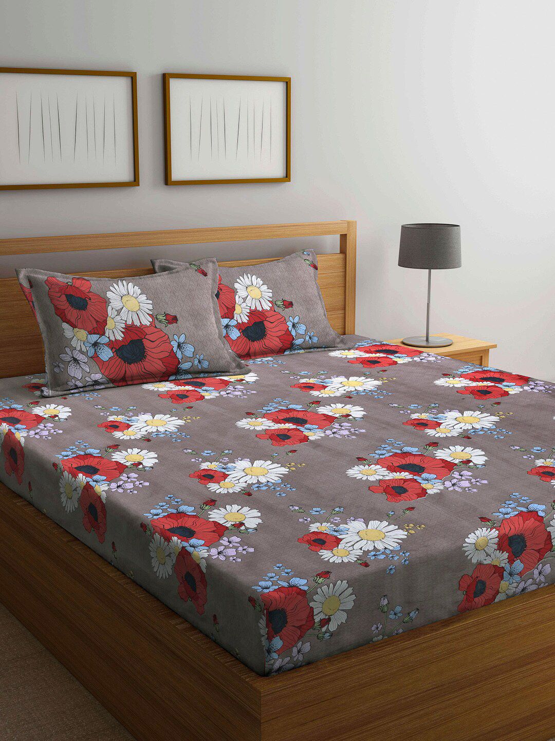 Arrabi Brown & Red Floral 300 TC Super King Bedsheet with 2 Pillow Covers Price in India