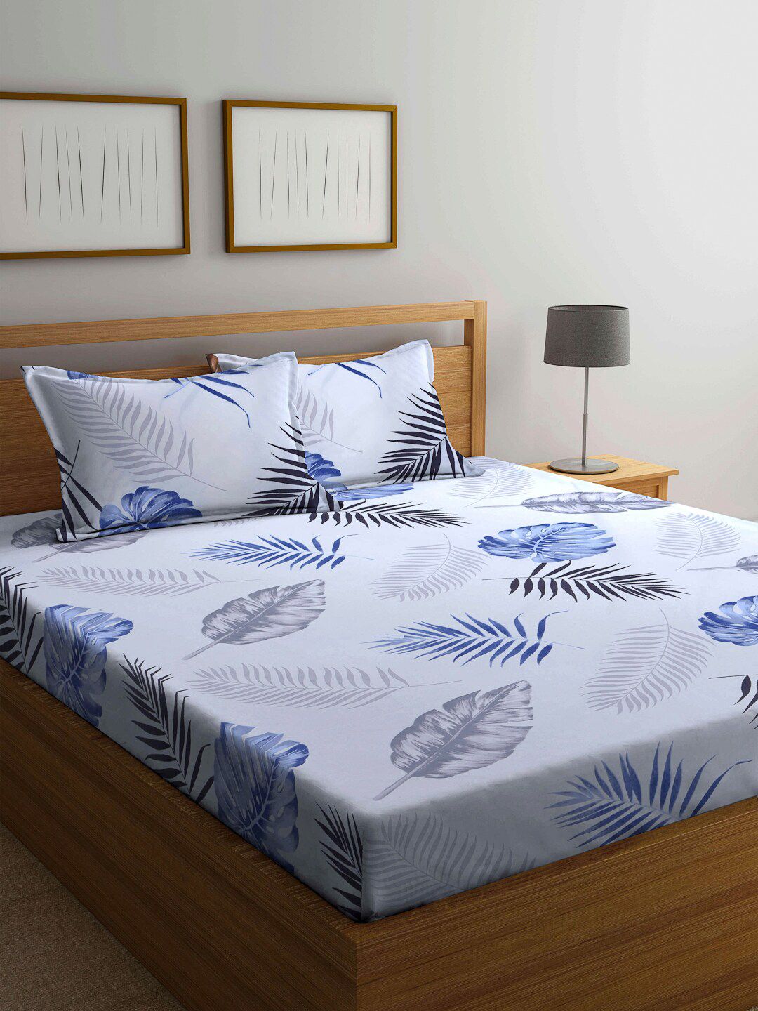 Arrabi White & Blue Floral 300 TC King Bedsheet with 2 Pillow Covers Price in India