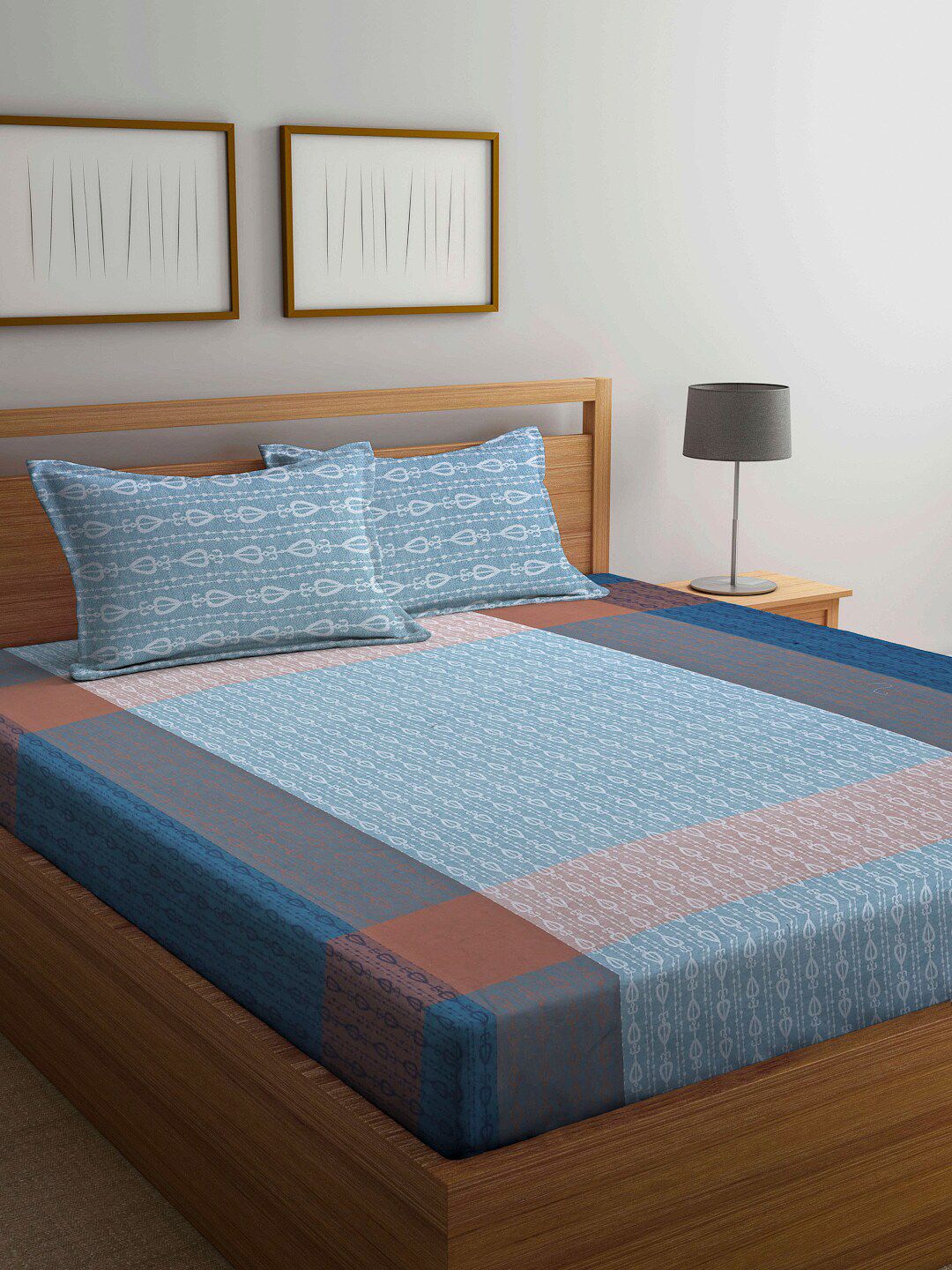 Arrabi Brown & Blue Ethnic Motifs 300 TC Super King Bedsheet with 2 Pillow Covers Price in India