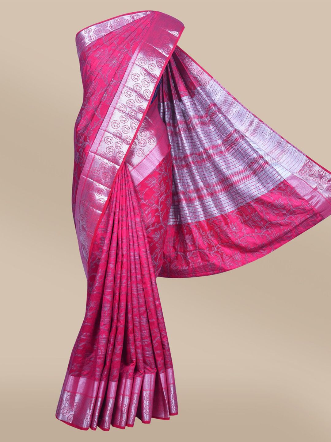 The Chennai Silks Pink & Silver-Toned Floral Zari Jute Cotton Fusion Saree