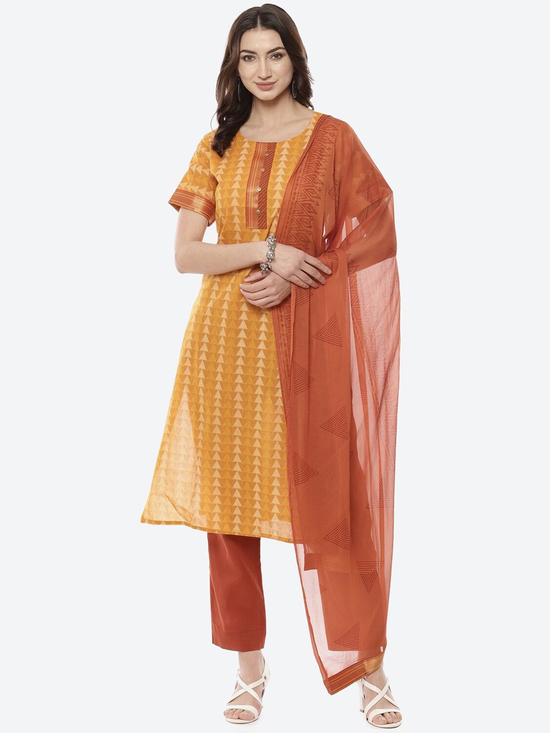 Biba Yellow & Brown Printed Pure Cotton Woven Design Unstitched Dress Material Price in India