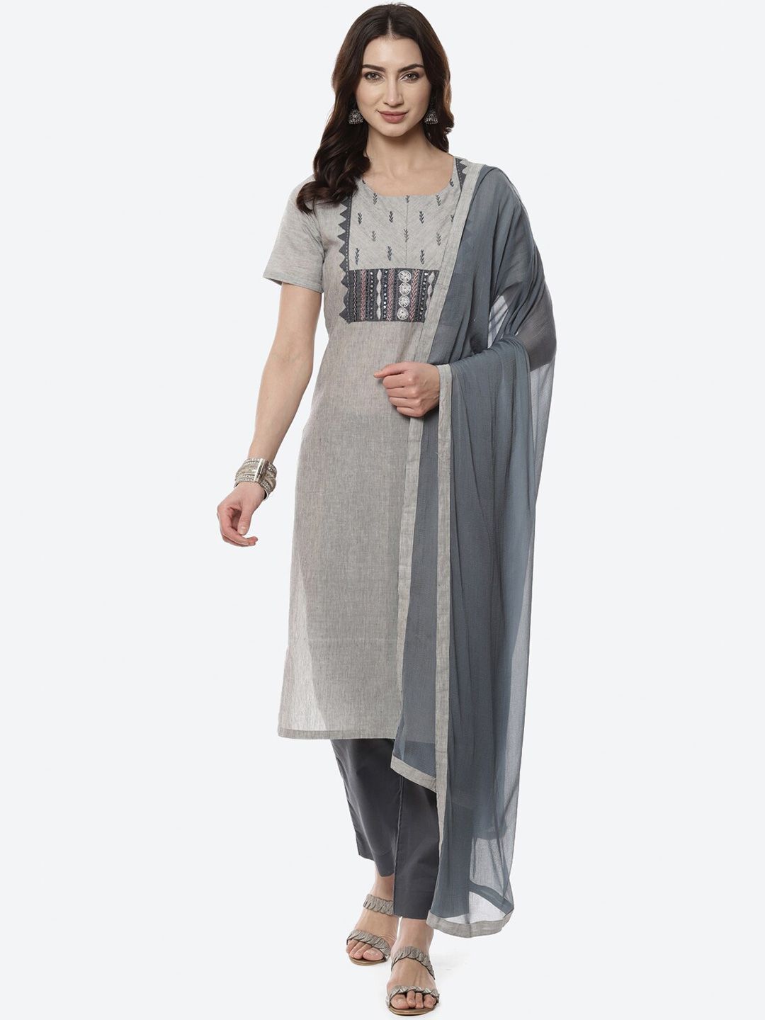 Biba Women Grey & White Embroidered Unstitched Dress Material Price in India