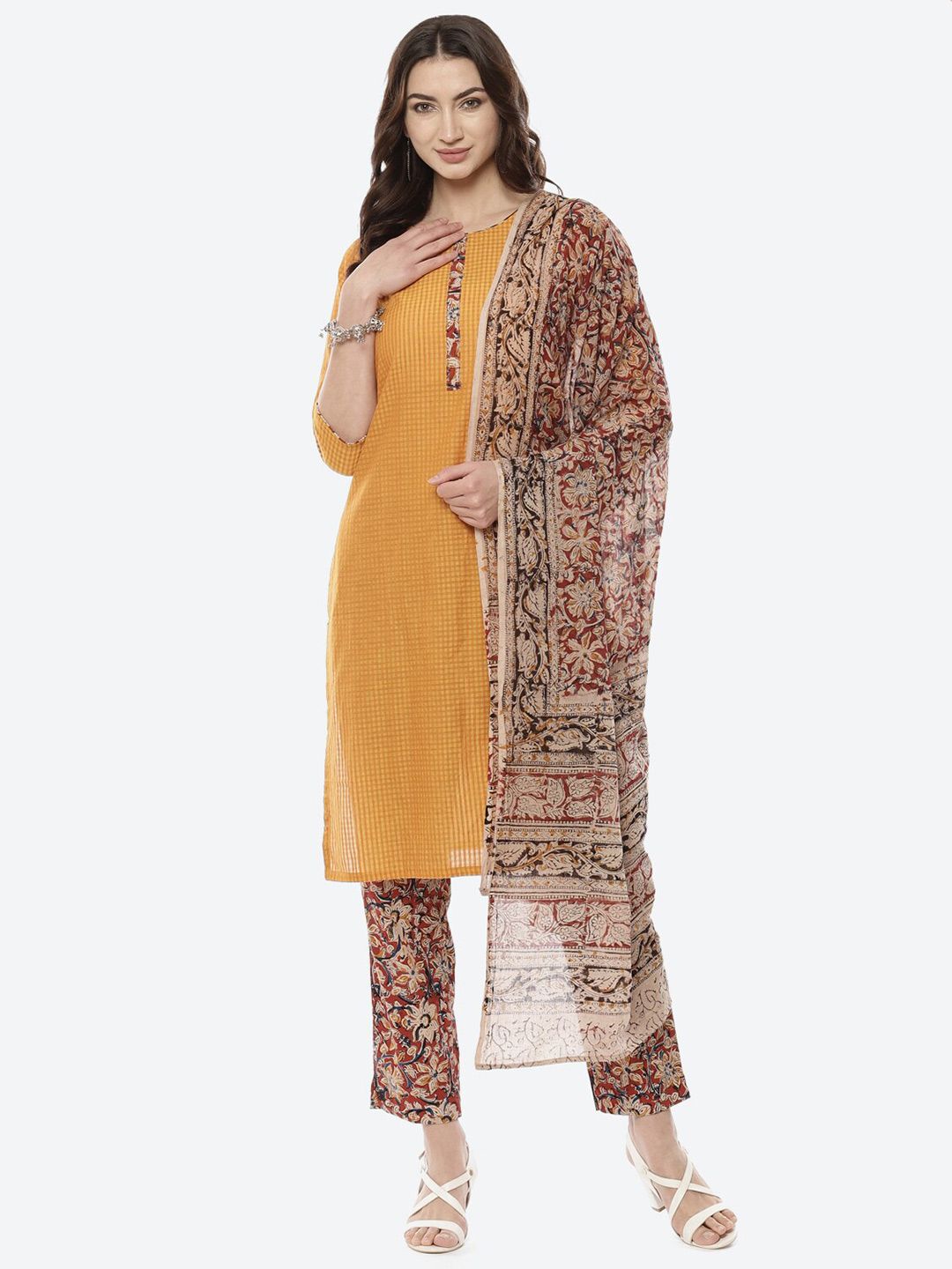 Biba Yellow & Brown Printed Pure Cotton Unstitched Dress Material Price in India