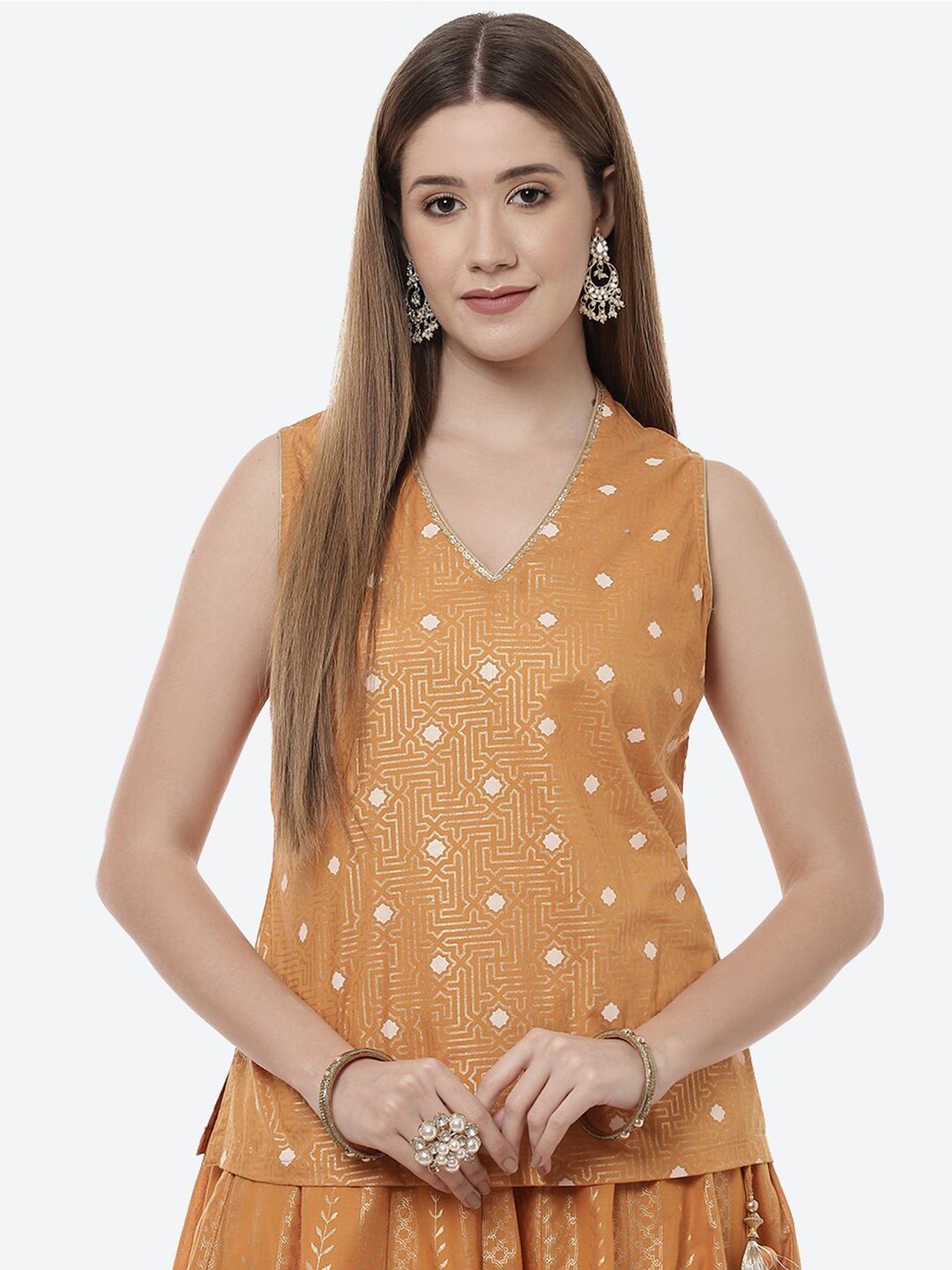 Biba Mustard Yellow Printed Polka Dots Top