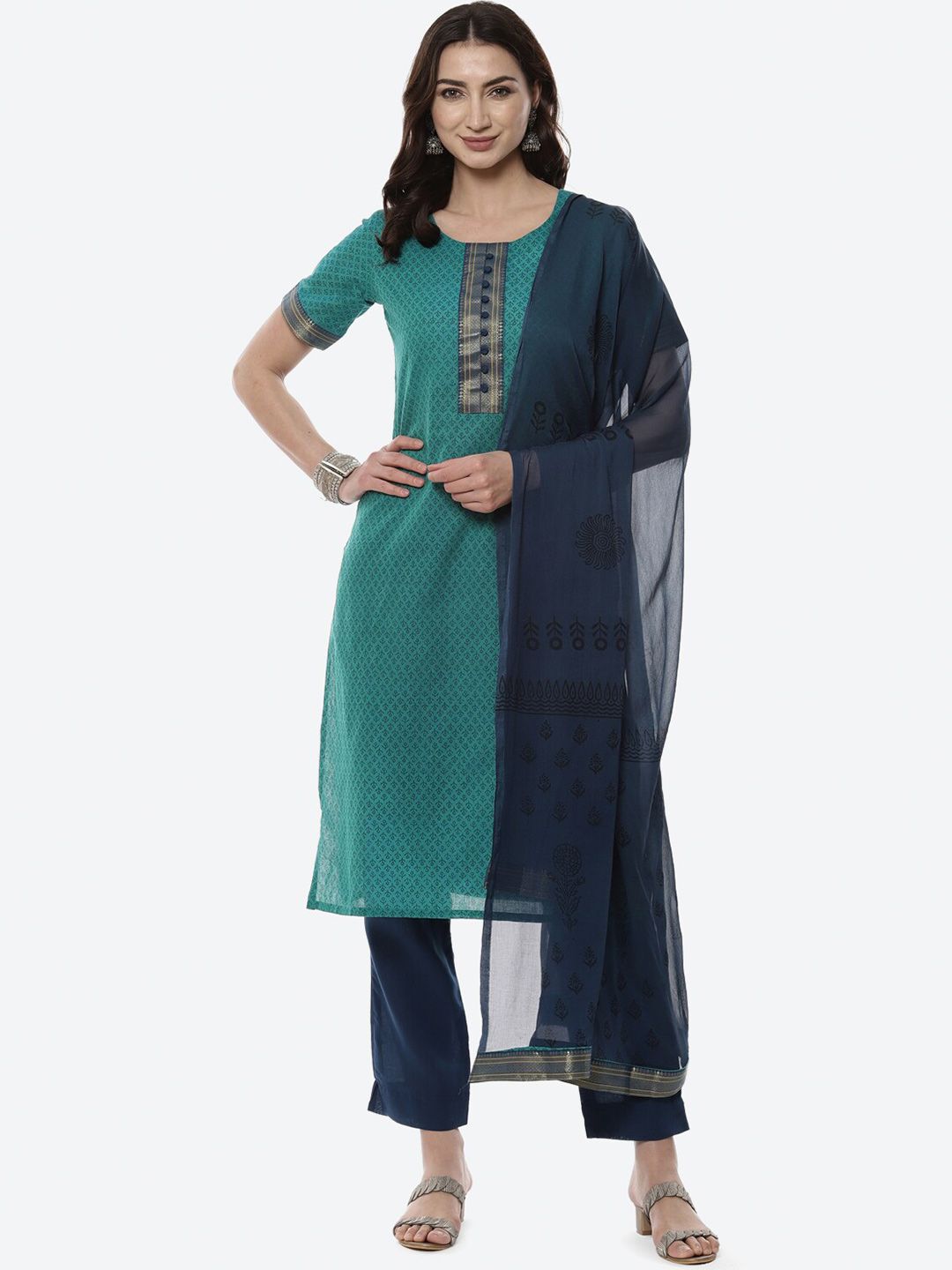 Biba Navy Blue & Sea Green Floral Printed Pure Cotton Unstitched Dress Material Price in India