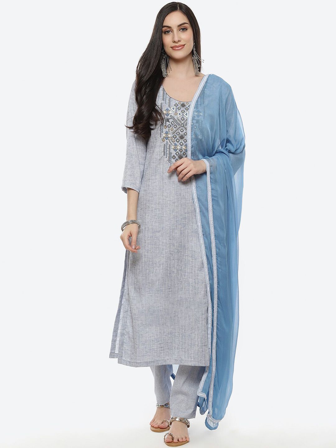 Biba Blue & Grey Embroidered Pure Cotton Unstitched Dress Material Price in India