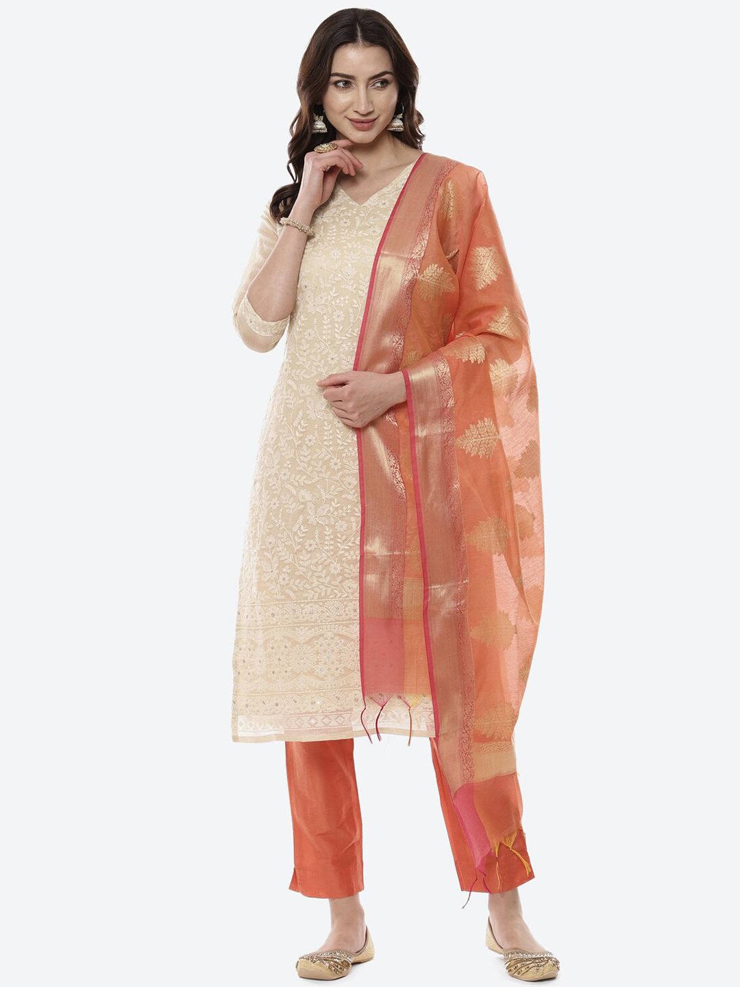 Biba Women Beige & Orange Embroidered Unstitched Dress Material Price in India