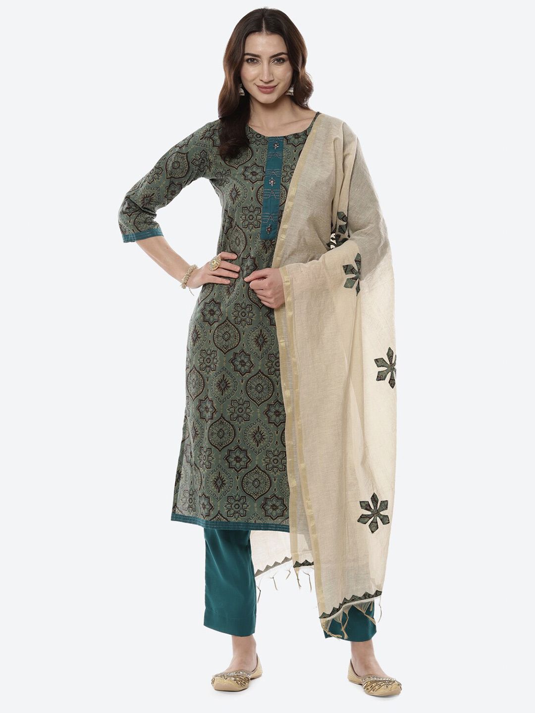 Biba Blue & Green Printed Pure Cotton Unstitched Dress Material Price in India