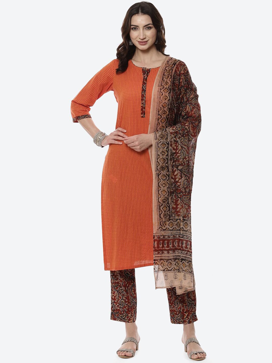 Biba Orange & Maroon Printed Pure Cotton Unstitched Dress Material Price in India