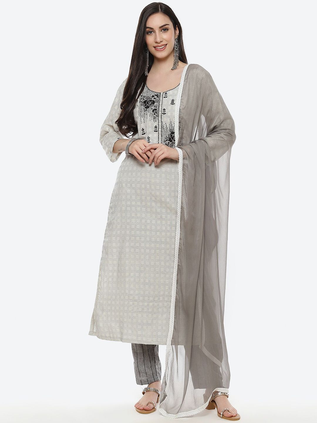 Biba White & Grey Embroidered Pure Cotton Unstitched Dress Material Price in India