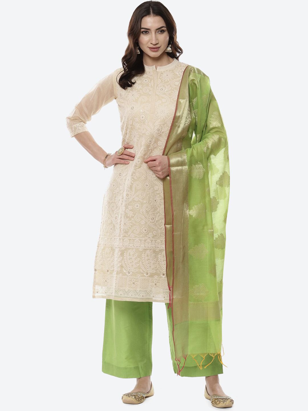 Biba Beige & Green Embroidered Unstitched Dress Material Price in India